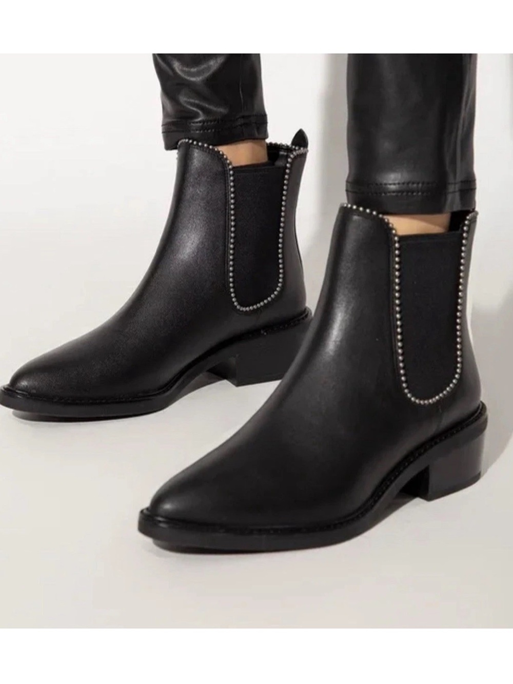 Black Bowery Ball Chain Leather Ankle Bootie Size 8.5